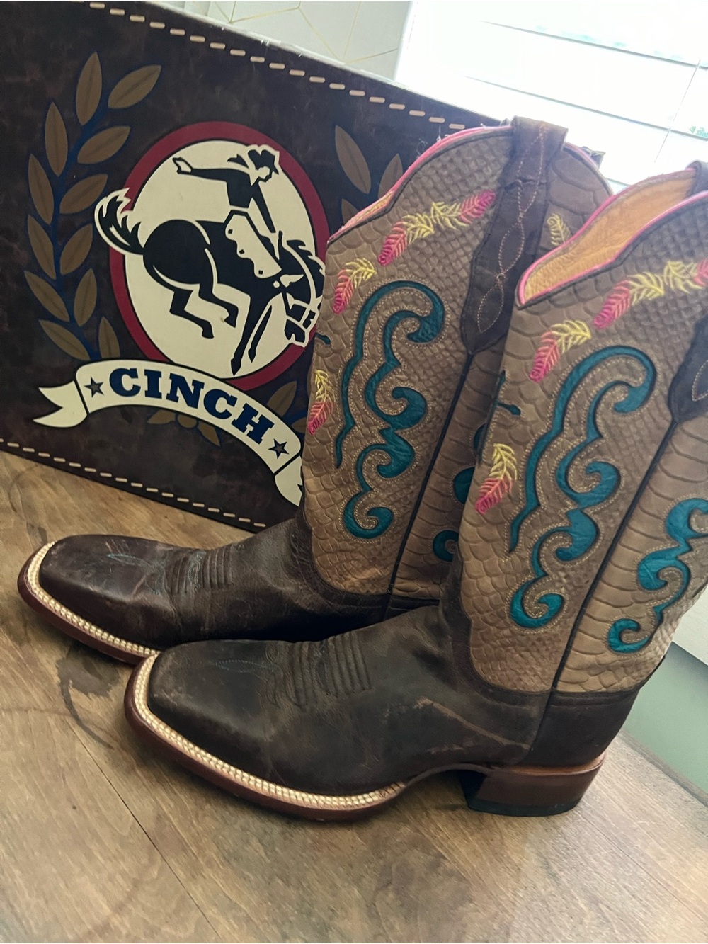 Cinch Brown Western Boots with Turquoise & Pink Embroidery